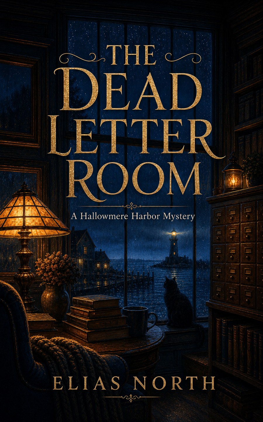 Cover of The Dead Letter Room by Elias North, showing a rain-darkened haunted bookshop scene.